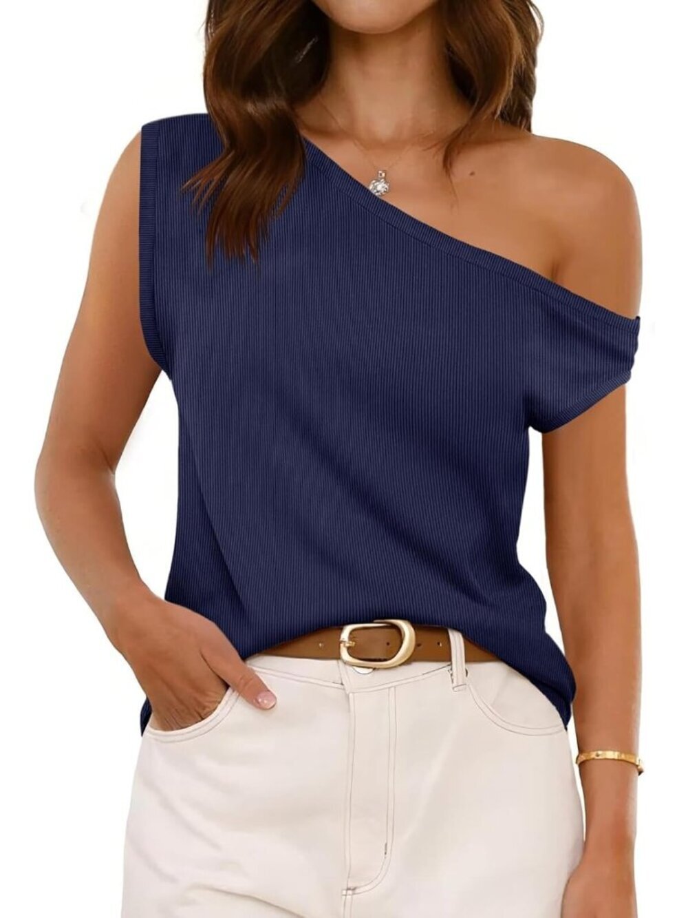 Women's Navy Ribbed Off One Shoulder Slouchy Short Sleeve Tee Top